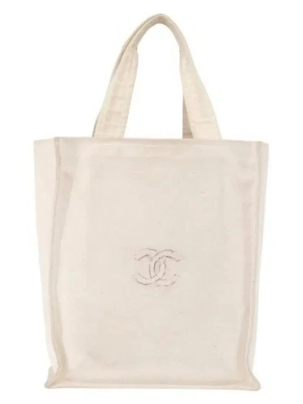 CHANEL Tote Bag Canvas White Silver CC Auth BA12534A